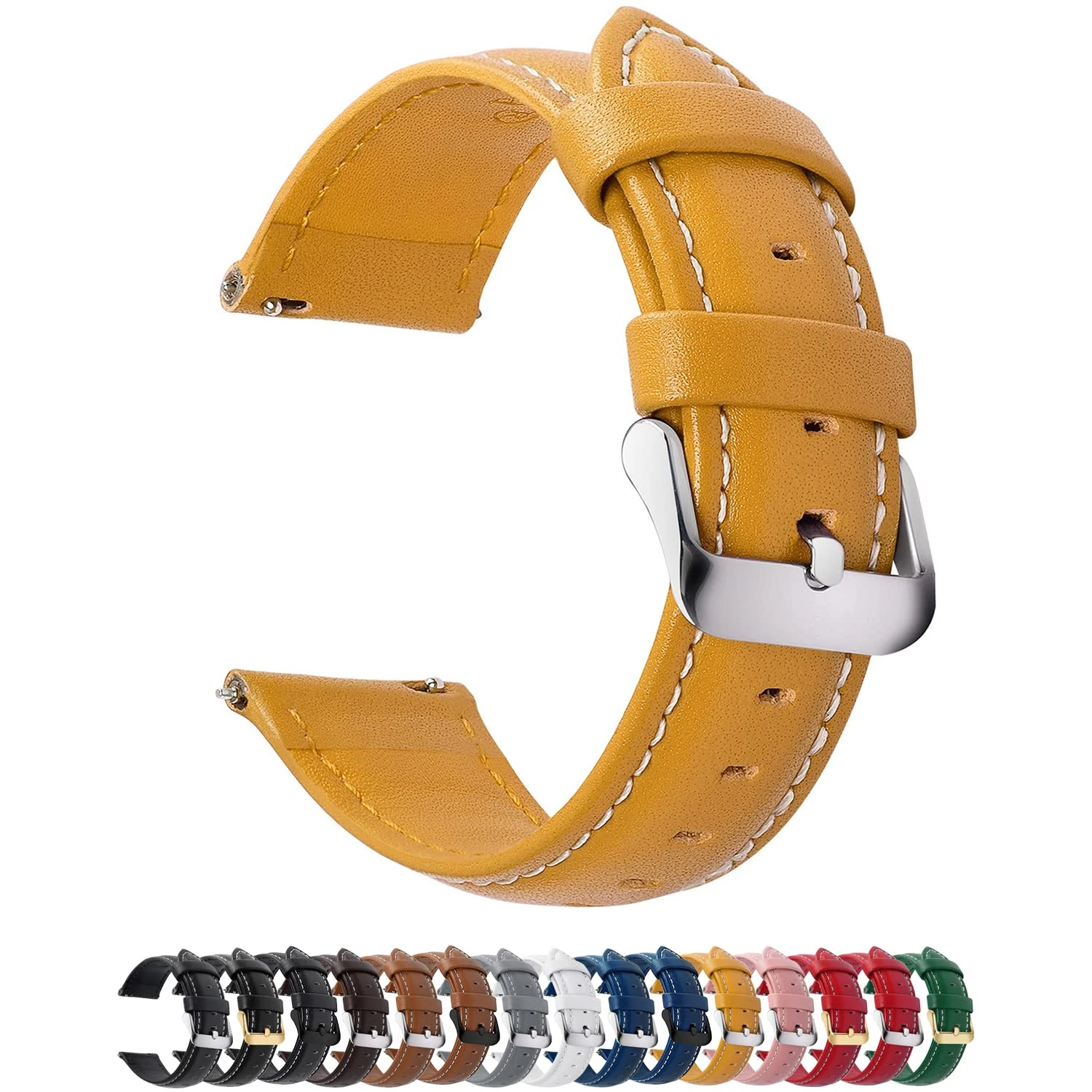 Fullmosa Watch Strap, Genuine Leather Watch Straps with Stainless Metal Clasp, Quick Release Replacement Bands, 14mm 16mm 18mm 19mm 20mm 22mm 24mm, Yellow