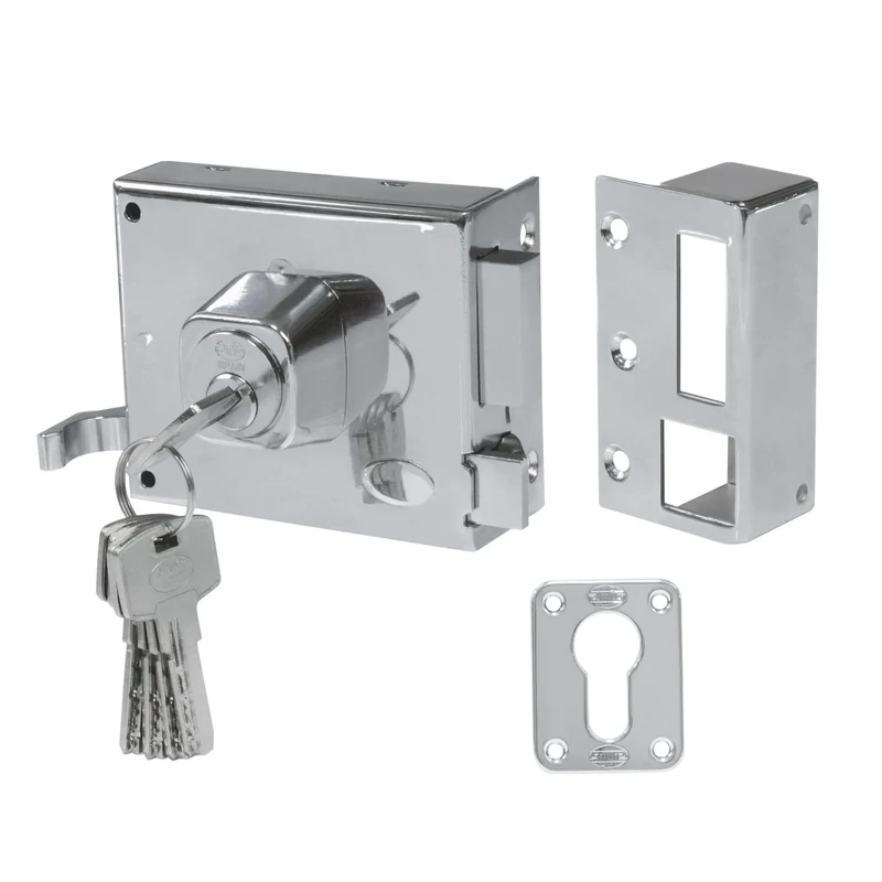 Amig - Folding Lock Right with Lever Lock, Tongue and Handle for Wooden Doors, Model 73, 100 x 85 mm, Lock with Euro Profile Cylinder, Steel Silver