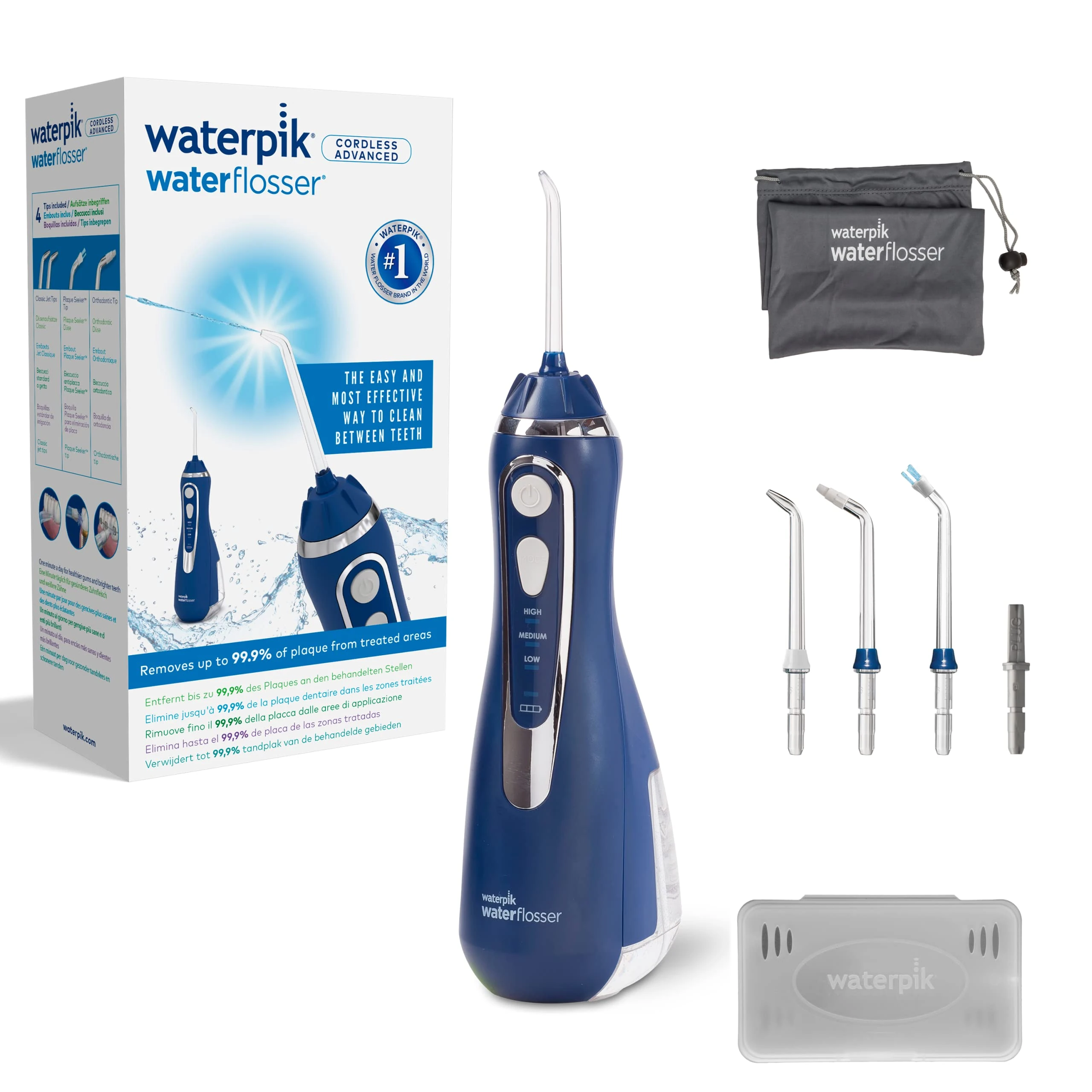 Waterpik Cordless Advanced Water Flosser with 3 Pressure Settings, Dental Plaque Removal Tool Ideal for Travel or Small Bathrooms with Rechargeable Battery, Blue (WP-563UK)