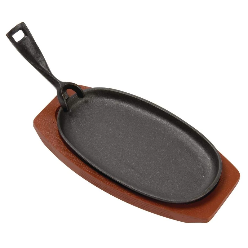 Olympia Oval Sizzler with Wooden Stand in Cast Iron - 240(W) x 140(D) mm - 6 pc