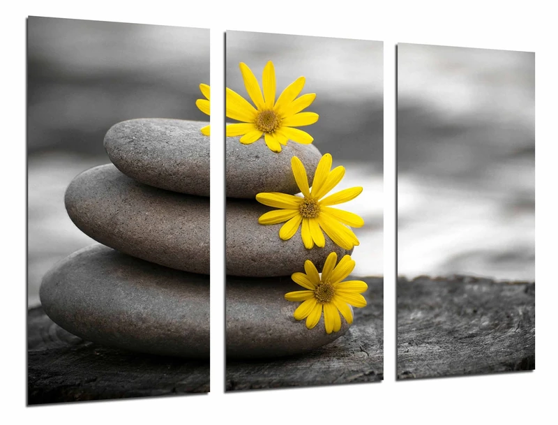 Multi Wood Printings Art Print Box Framed Picture Wall Hanging - Landscape Zen, Relaxation, Stones and Flowers, (Total Size: 38,2" x 24,4"), Framed and Ready to Hang - ref. 26635 - Image 1