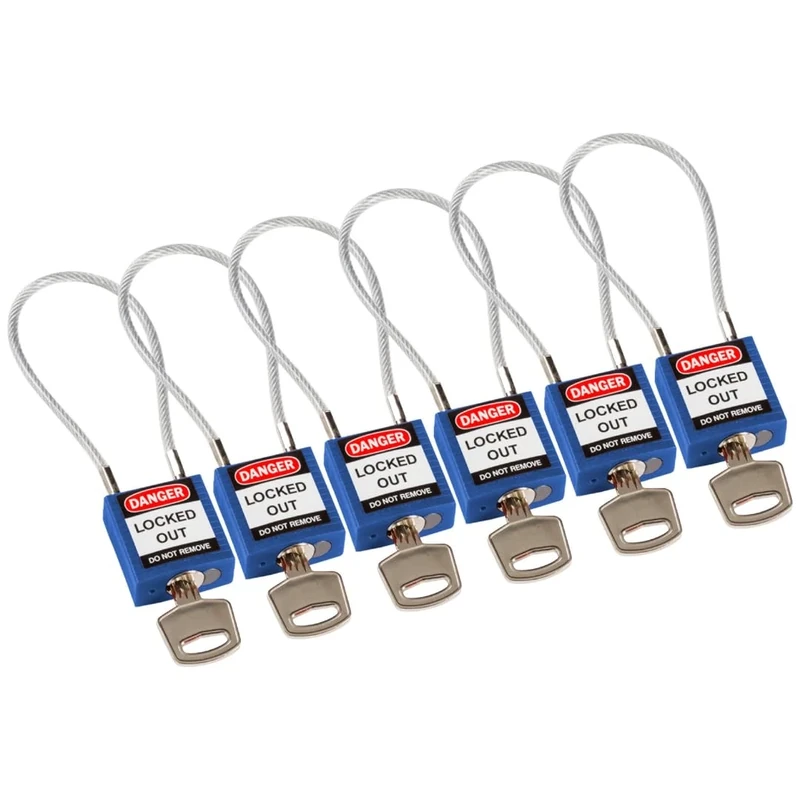 Brady Compact Cable Padlock 6-pack - Lockout Tagout Security Lock - Safety Padlock with Nylon Body and Sheathed Steel Cable - Keyed Alike - 32mm x 35mm x 16mm - Cable Length 200mm, Blue