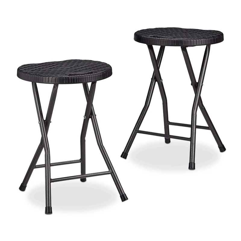 Relaxdays BASTIAN Round Folding Stool, Foldable, Plastic, Rattan Look, Waterproof, HxWxD: 45 x 32.5 x 29 cm, Black