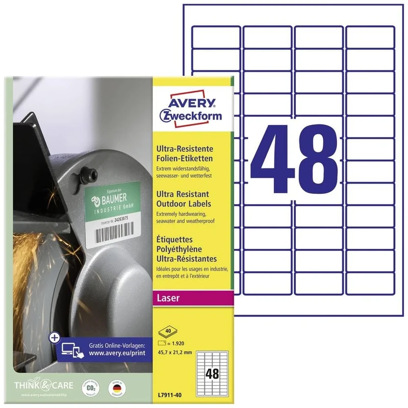 AVERY Zweckform L7911-40 Durable Film Labels (45.7 x 21.2 mm on DIN A4, Extremely Strong Self-Adhesive, Printable Outdoor Adhesive Film) 1,920 Stickers on 40 Sheets White