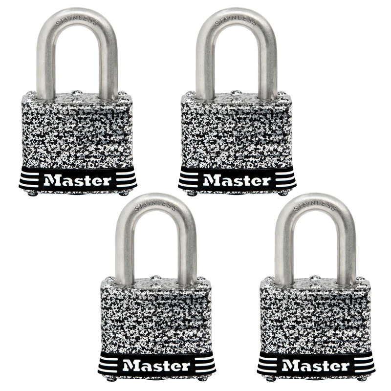Master Lock 3SSQHC Stainless Steel Pin Tumbler Laminated Padlock, 1-9/16-Inch Wide Body, 9/32-Inch Diameter Shackle Clearance, 4-Pack, 3/4-Inch Shackle