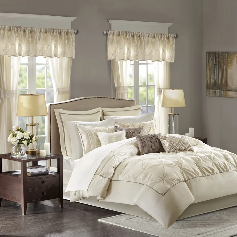 Madison Park All Season Bedding, Matching Curtains, Decorative Pillows, Polyester, Ivory, Queen