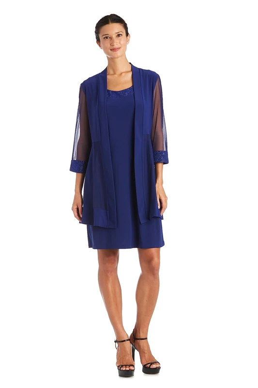R&M Richards Women's Sheer Sleeve Jacket Dress, Royal, M Petite (Pack of 2)
