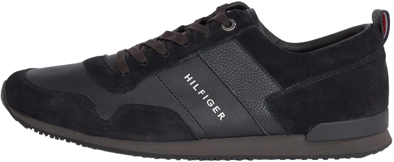 Tommy Hilfiger Men’s Iconic Leather Suede Mix Runner Trainers, Black (Black), 10.5