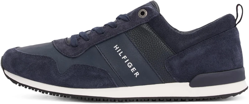 Tommy Hilfiger Men’s Iconic Leather Suede Mix Runner Trainers, Blue (Midnight), 8