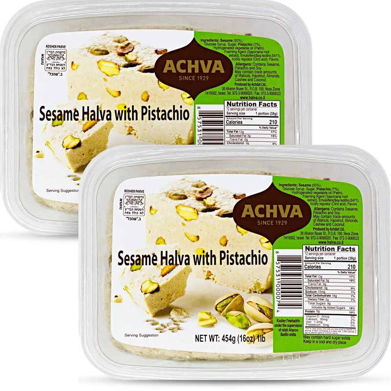 Achva Halva Pistachio - Authentic and Delicious Halvah Halwa - Natural Source of Protein - Vegan & Kosher Healthy Snacks - Halvas 2-Pack (450g per Tub)