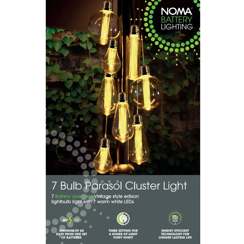 Noma 7 Parasol Cluster Lights with Warm White LED's, Battery Operated - Image 1