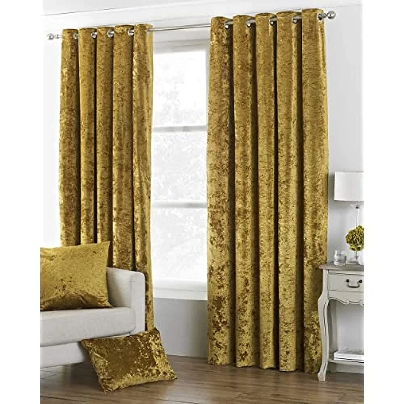 Paoletti Verona CRUSHED VELVET Eyelet Curtains, 90" x 54" (229 x 137 cm), Ochre Yellow