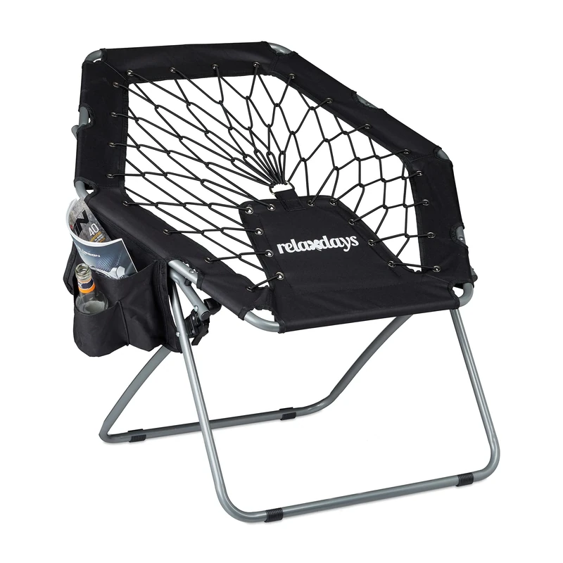 Relaxdays Webster Bungee Chair, Elastic, Spring System, Foldable, Up To 100 kg, Side Pockets, Hxwxd: 70 x 84 x 75 cm, Metal, Black