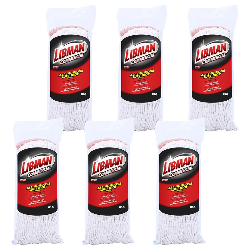 Libman Commercial 974#16 Cut-End Wet Mop, Recycled Cotton Blend, 14 oz, White with Red headband (Pack of 6)