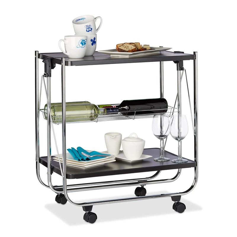 Relaxdays Foldable Serving Trolley, 4 Wheels, 2 Shelves, Basket, HxWxD: 68.5 x 68 x 40.5 cm, Kitchen Cart, Black