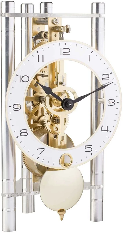Hermle Skeleton Table Clock with Anodised Aluminium Columns - Triangle 23024-X40721, Arabic Dial Print, Silver, Brass Movement, 19.5 cm x 11 cm x 9 cm
