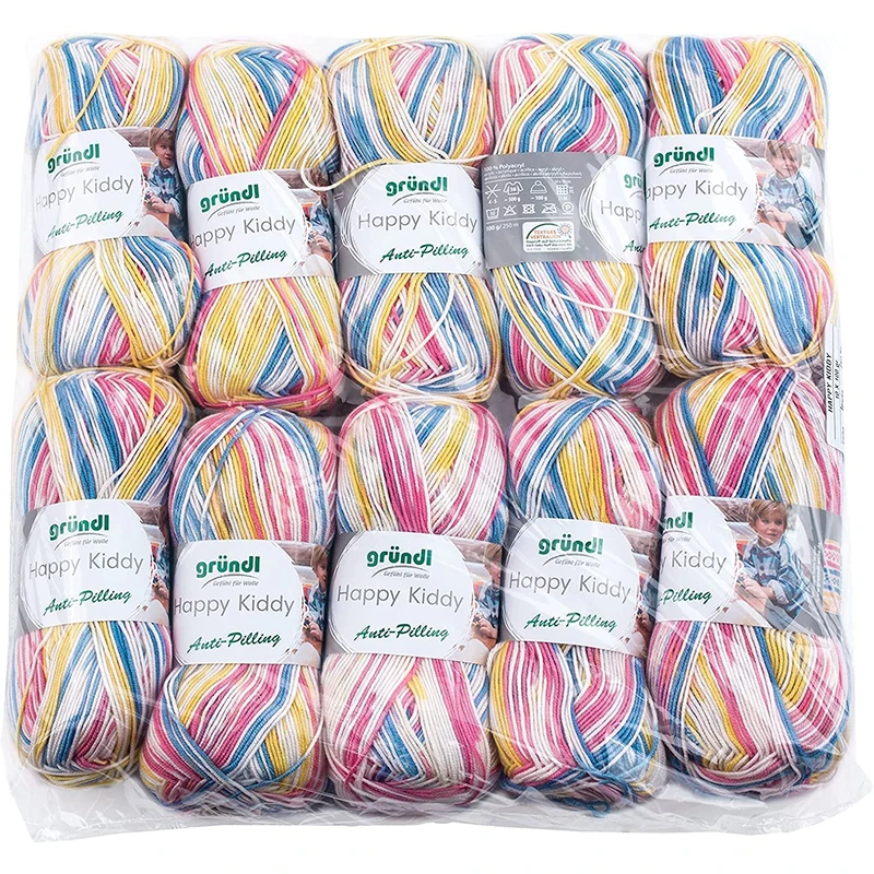 Gründl Happy Kiddy Knitting and Crochet Yarn with Wool-like Character 100% Polyacrylic Anti-Pilling 100g/250m Needle Size 4-5 10 x 100g Candy Colour