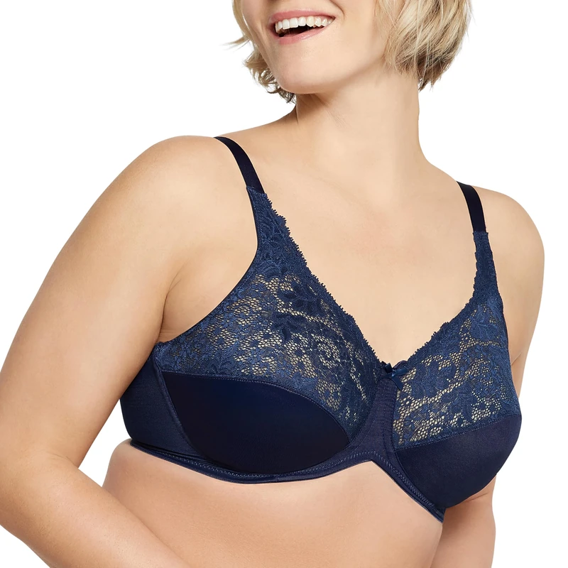 Bali Women's Lilyette Minimizer Underwire Lace Trim, Microfiber Full Coverage Bra, Sheer, Sailor Blue, 34DD