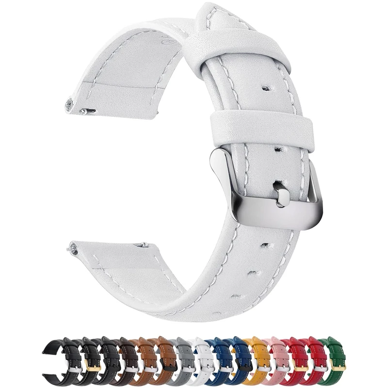 Fullmosa Watch Strap, Genuine Leather Watch Straps with Stainless Metal Clasp, Quick Release Replacement Bands, 14mm 16mm 18mm 19mm 20mm 22mm 24mm, White