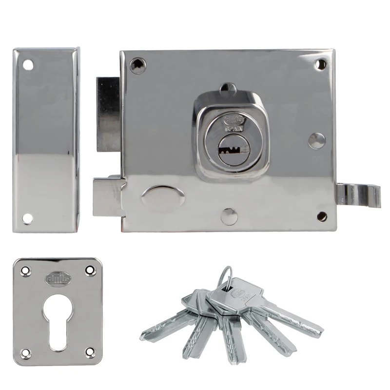 Amig - Left Overlap Lock with Locking Lever, Tab and Handle for Wooden Doors Mod. 73 | 100 x 85 mm | Latch with Europrofile Cylinder | Silver Steel