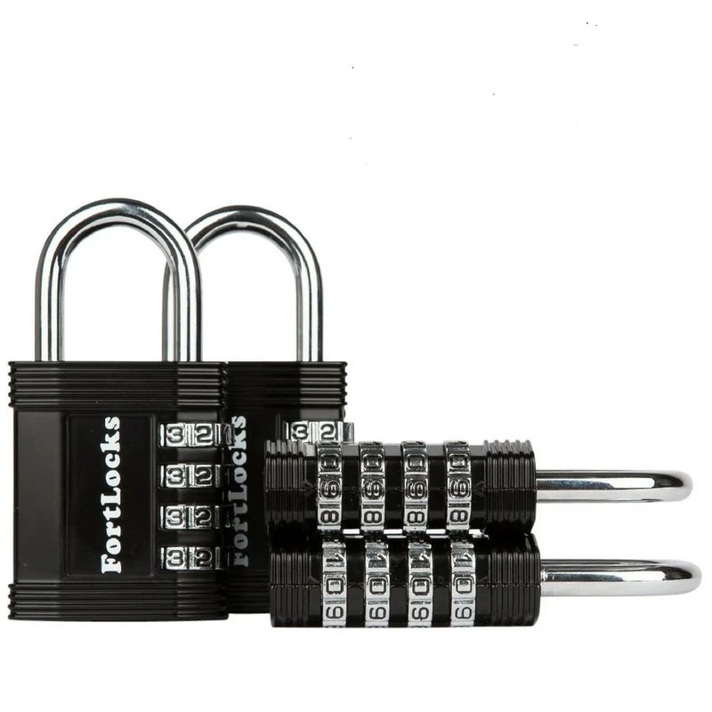 FortLocks Gym Padlock | 4-Digit Combination Lock for Indoor Lockers & Outdoor Use | Heavy-Duty, Rustproof, Weatherproof | 4-Pack, Black