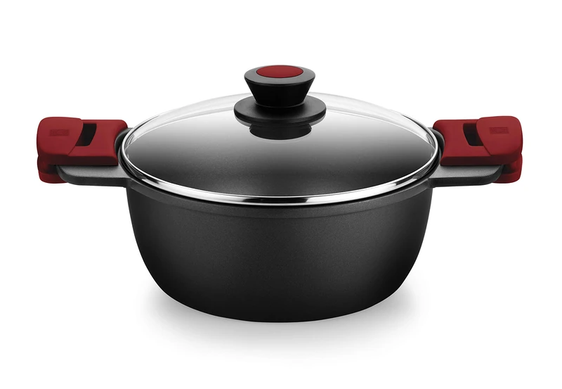 BRA Premiere – 28 cm High Casserole, Cast Aluminium, Tricapple, Reinforced Non-Stick Coating, 2 Removable Silicone Handles, Suitable for All Types of Cookers Including Induction, Red