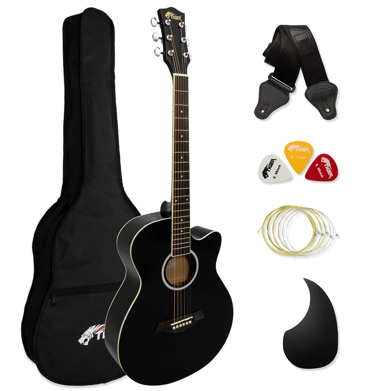 TIGER ACG3-BK Full Size Acoustic Guitar Package - Beginners Guitar Pack with Gig Bag, Strap and Spare Strings - Black - Now with 6 Months Free Lessons Included