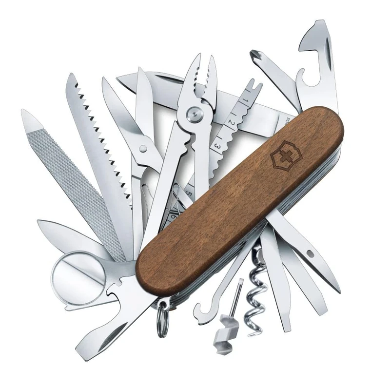 Victorinox Pocket Knife Swiss Champ Wood, 29 Functions, Swiss Made, Multi Tool incl. Wood Saw, Scissors, Brown