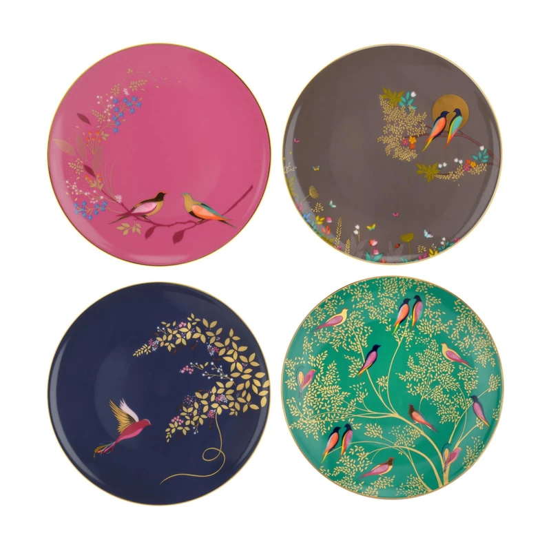 Portmeirion x Sara Miller London Set of 4 Cake Plates - Chelsea Collection, Bird and Leaves Design in Beautiful Jewel-Toned Colours, Ceramic Cake Plate, Made from Fine China, 20.4cm