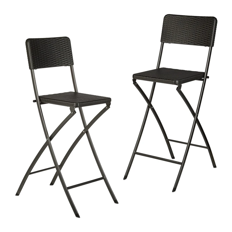Relaxdays BASTIAN Folding Bar Stools, Rattan Look, Backrest, Bistro Chairs, Foldable, 78 cm Tall, Counter-Height, Black