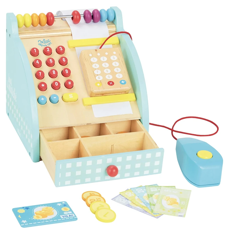 Vilac Wooden Cash Register with Accessories, Pretend Play, 3 years+, 17 x 16 x 20 cm
