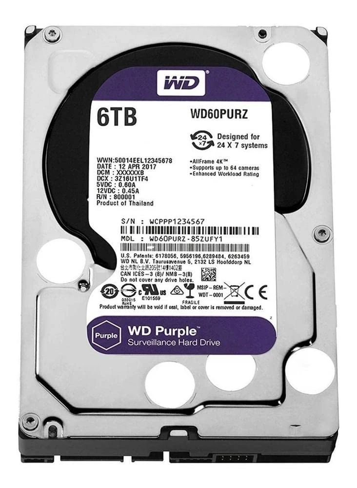 Western Digital Purple 6TB Surveillance 3.5 Inch SATA 6 Gb/s Hard Disk Drive with Allframe 4K Technology - 180TB/yr, 64MB Cache, 5400rpm - WD60PURZ