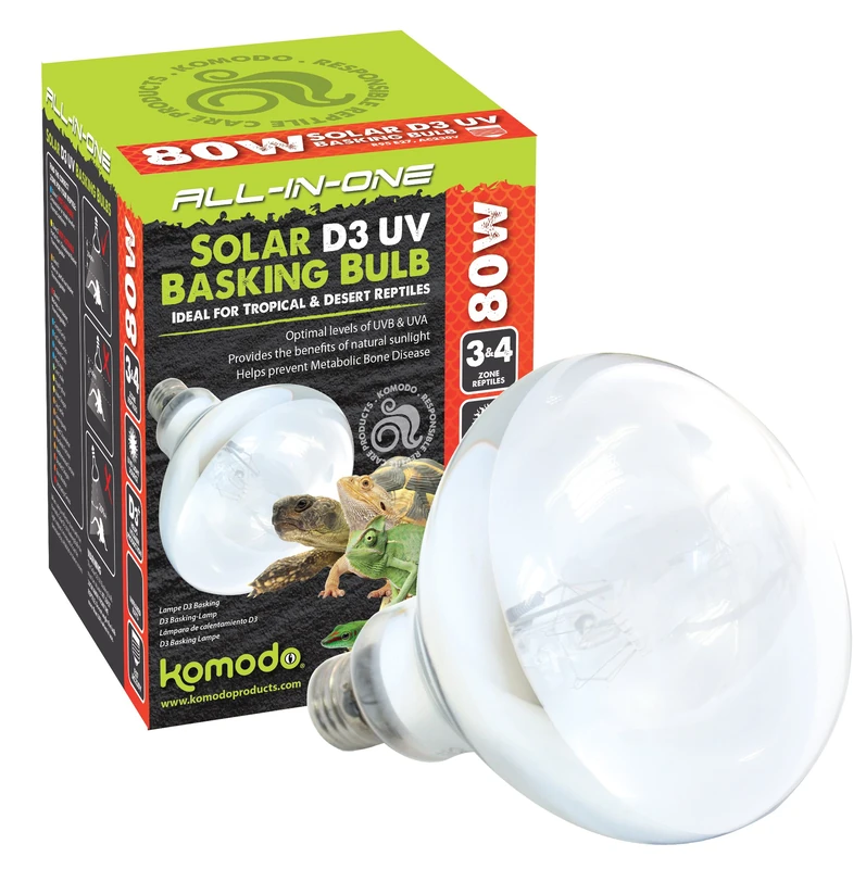 Komodo Solar D3 UV Basking Bulb Heat and Light Bulb for Desert & Tropical Reptile Habitats, Terrarium & Vivarium Lighting 80W