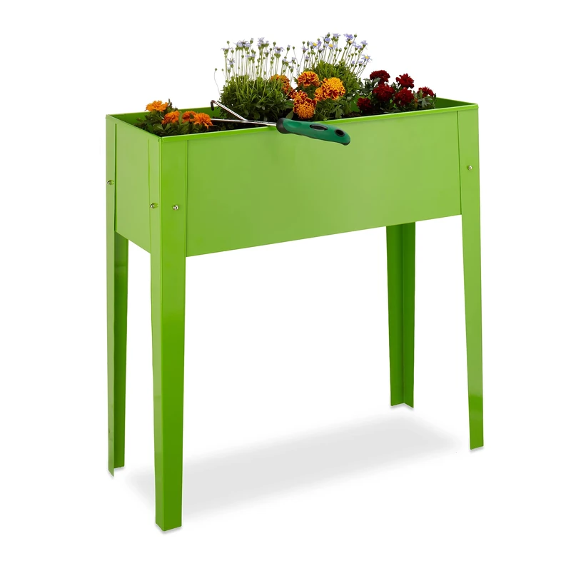 Relaxdays Raised Flowerbed, Metal, 4 Legs, Plant Container, Herb Bed, Balcony Storage, HxWxD: 80.5 x 81.5 x 31 cm, Green