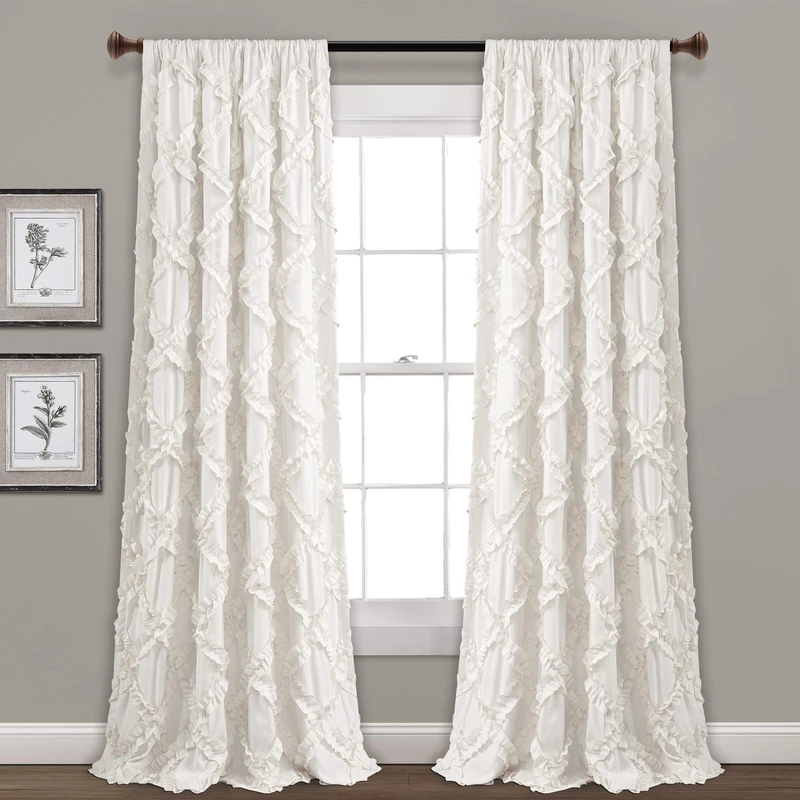 Lush Decor, White Ruffle Diamond Curtains Textured Window Panel Set for Living, Dining Room, Bedroom (Pair), 84” x 54, 2 Count
