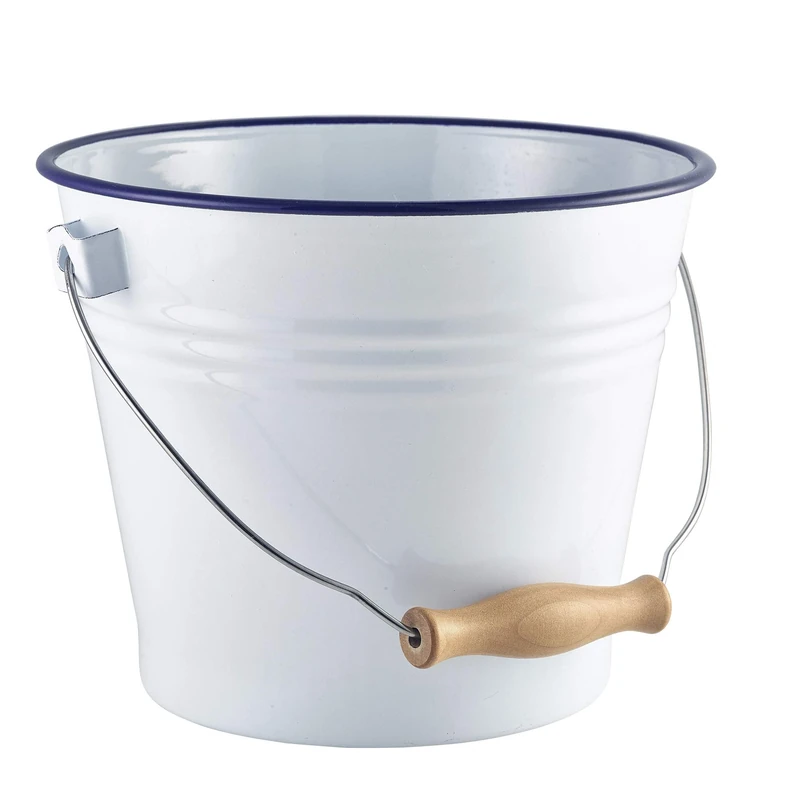 Genware 58522 Blue Rim Enamel Bucket, White, 220mm Diameter, Pack of 4