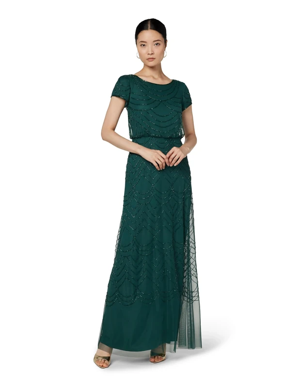 Adrianna Papell Women's Short Sleeve Blouson Beaded Gown Formal Night Out Dress, Dusty Emerald, 10