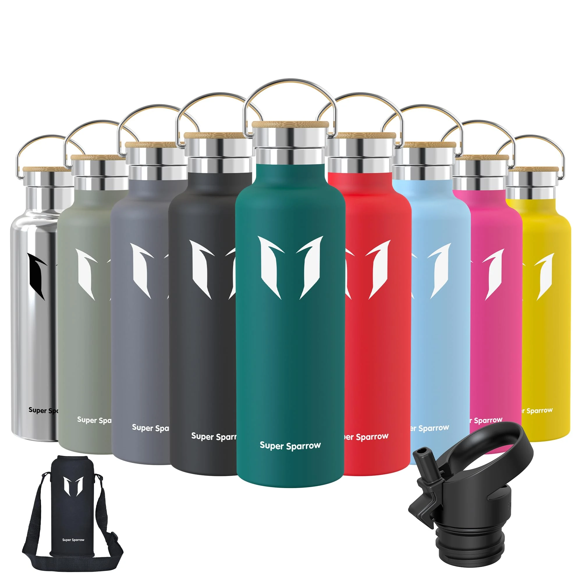 Super Sparrow Water Bottle Stainless Steel - 750ml - Insulated Metal Water Bottles - Standard Mouth Flask - BPA Free - Straw Bottle for Work, Gym, Sports - 2 Lids