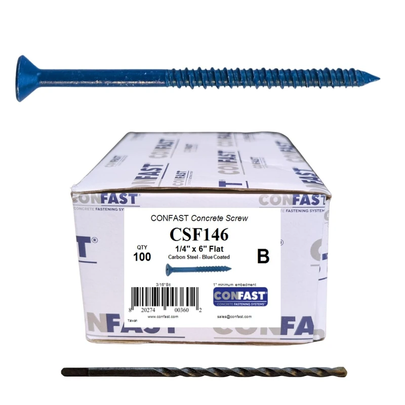 Confast 1/4" X 6" Flat Phillips Concrete Screw Anchor with Drill Bit (Box of 100)