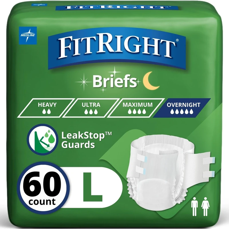 Medline Extended Wear Overnight Adult Briefs with Tabs, Maximum Absorbency Adult Diapers, Large (60 Count)