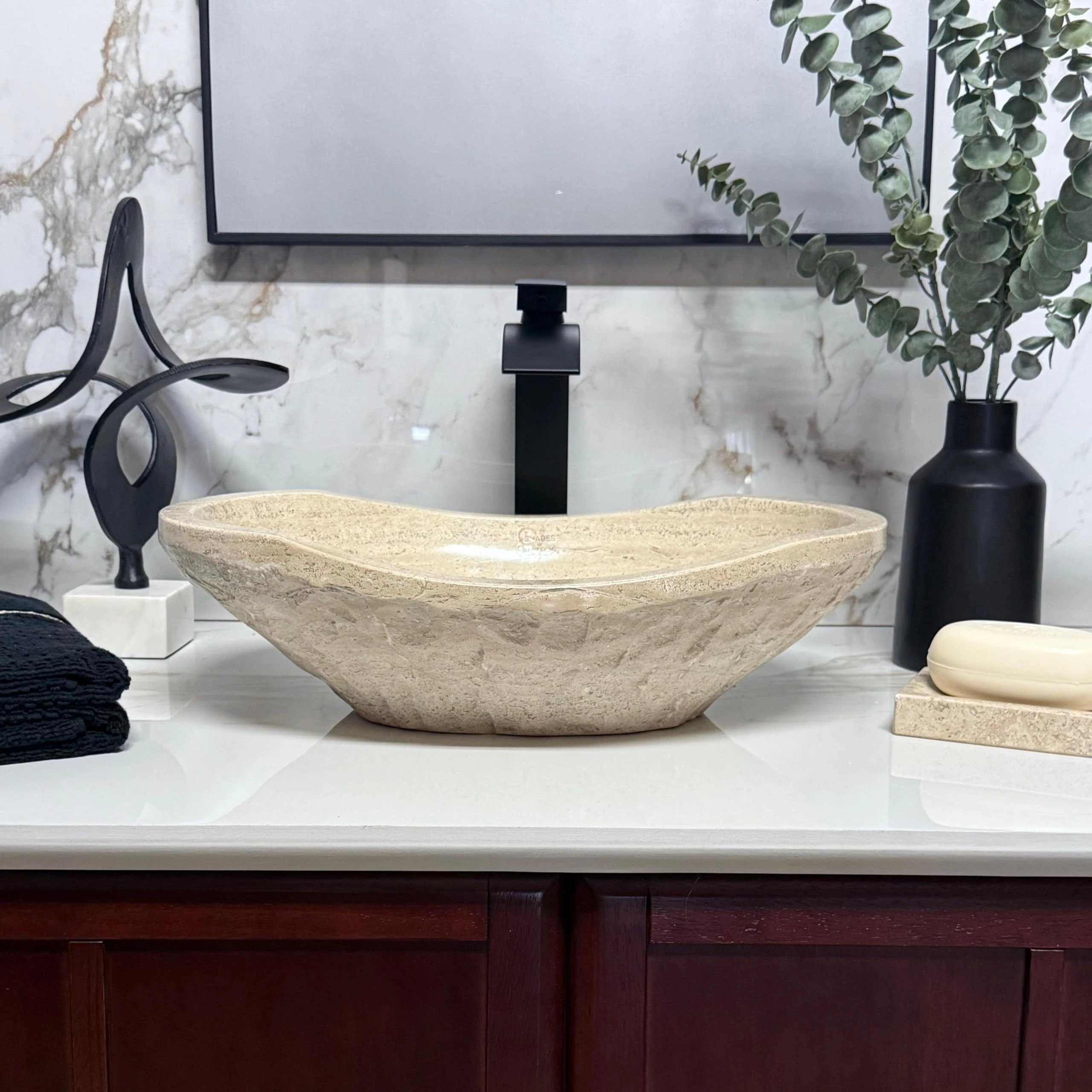 Chiseled Marble Bathroom Vessel Sink, Oval Canoe Shape, 100% Natural Stone, Hand Carved, Free Matching Soap Tray