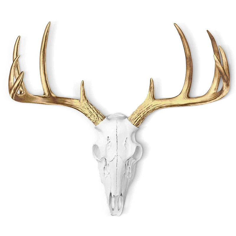 Wallcharmers Mini White + Gold Antler Faux Deer Skull - 16" White Faux Taxidermy Animal Head Wall Decor - Handmade Farmhouse Decor
