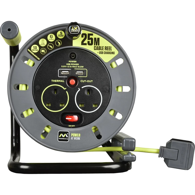 Masterplug OMU25132USL-PX Pro-XT Four Socket Open Cable Reel Extension Lead with Winding Handle and Two USB Charging Ports, Thermal Cut Out and Power Switch, 25 Metres High Visibility Cable, Green