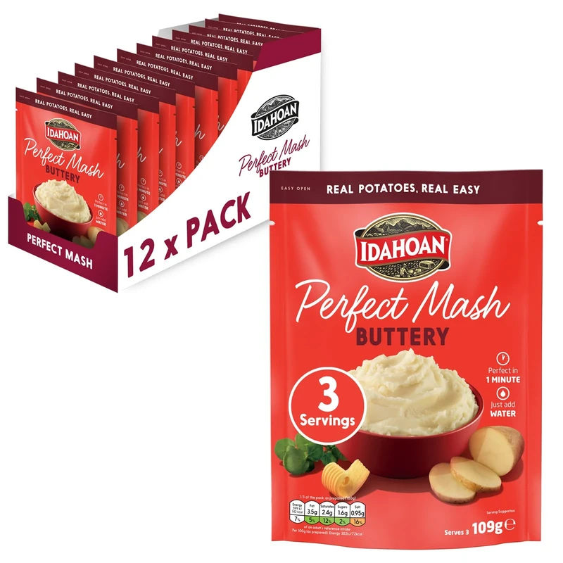 Idahoan Buttery Instant Mash Potato 12 x 109g single pack, Potatoes, Gluten Free, Vegetarian, Cooks in 1 minute