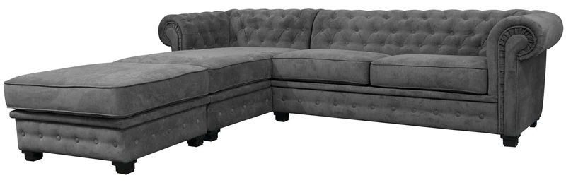Sofas and More Chesterfield Style Corner Sofa Set 3+2 Seater Armchair Grey Fabric (Left Hand Corner With Footstool)