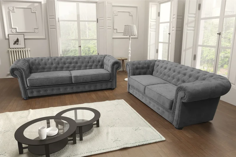 Sofas and More Chesterfield Style Corner Sofa Set 3+2 Seater Armchair Grey Fabric (3+2 Seater)