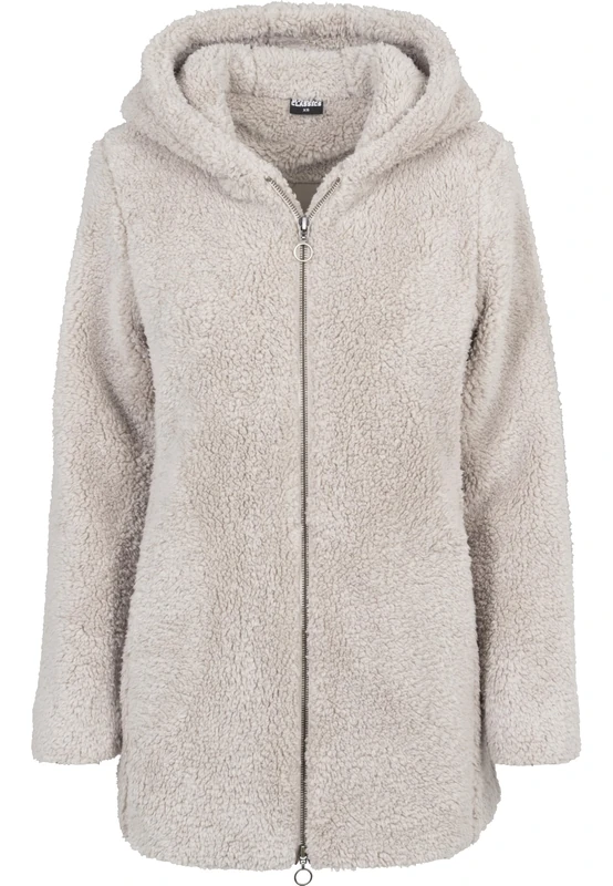 URBAN CLASSICS Women's Sherpa Cardigan Jacket, Long-Sleeve Fluffy Faux Fur Sherpa Coat, Casual Fluffy Coat for Women, Sherpa Hoodie Cardigan, Colour: Sand, Size: Medium