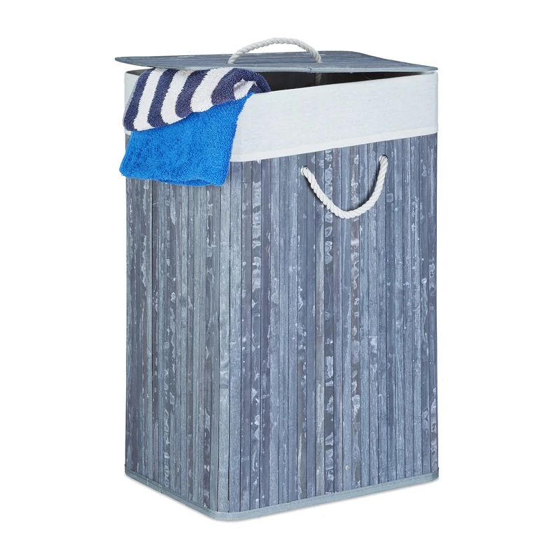 Relaxdays Bamboo Square Laundry Hamper, 65.5 x 43.5 x 33.5 cm, Folding Laundry Basket, 83L, Rectangular, Grey