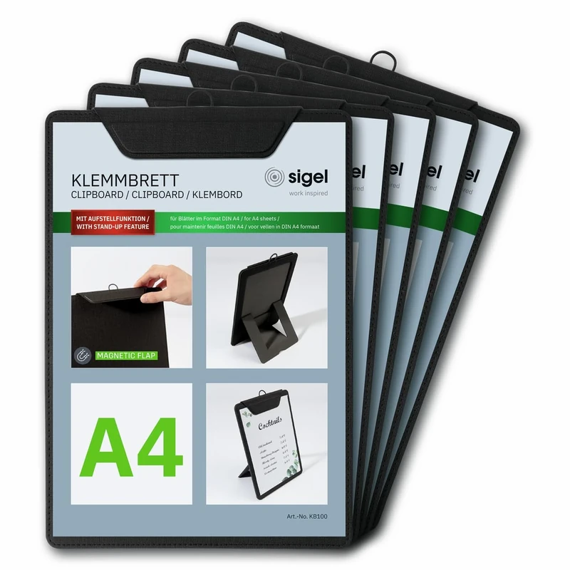 SIGEL KB100/5 Clipboards A4 Black with Stand Function, Pack of 5, Sturdy, Stylish Clipboards with Elegant Linen Texture, Durable and Easy to Wipe Clean