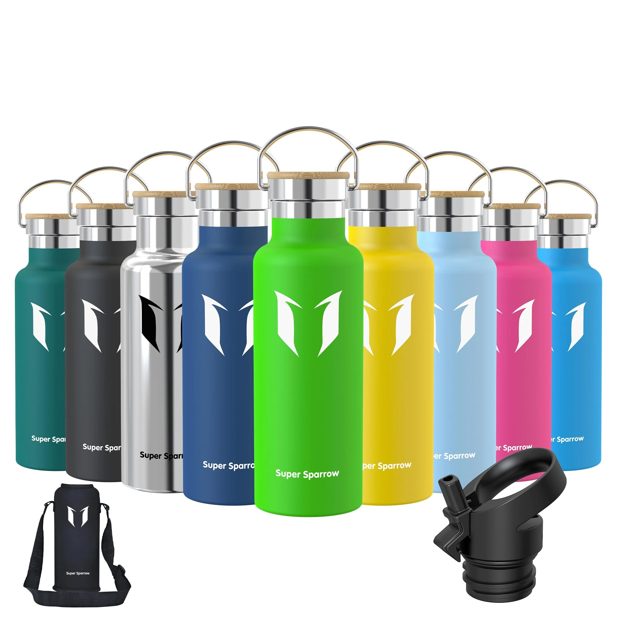 Super Sparrow Stainless Steel Water Bottle Kids - 500ml - Insulated Metal Water Bottles - Standard Mouth Flask - BPA Free - Straw Bottle for Work, Gym, Sports - 2 Lids